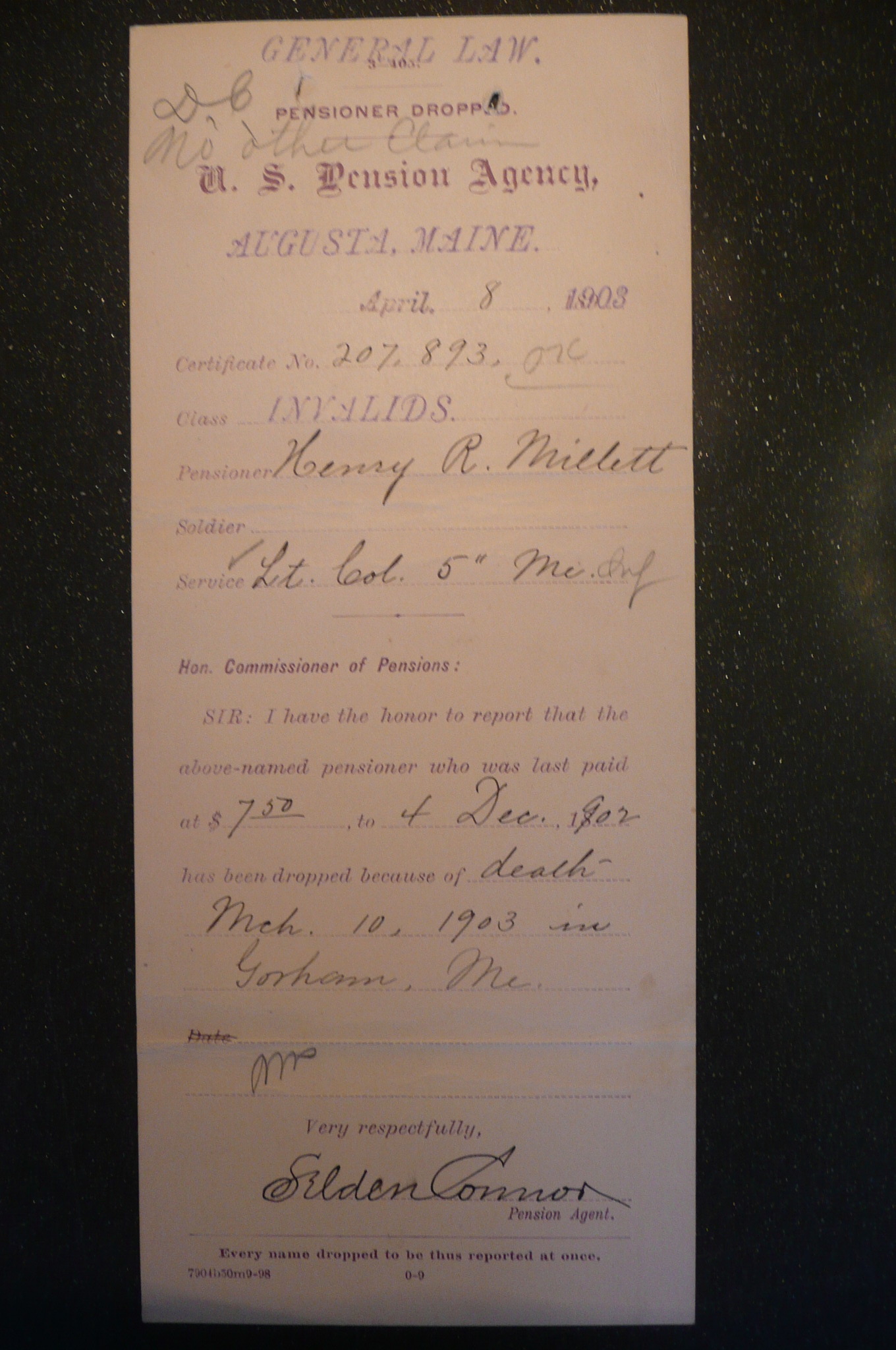 Pensioner Dropped, 1903