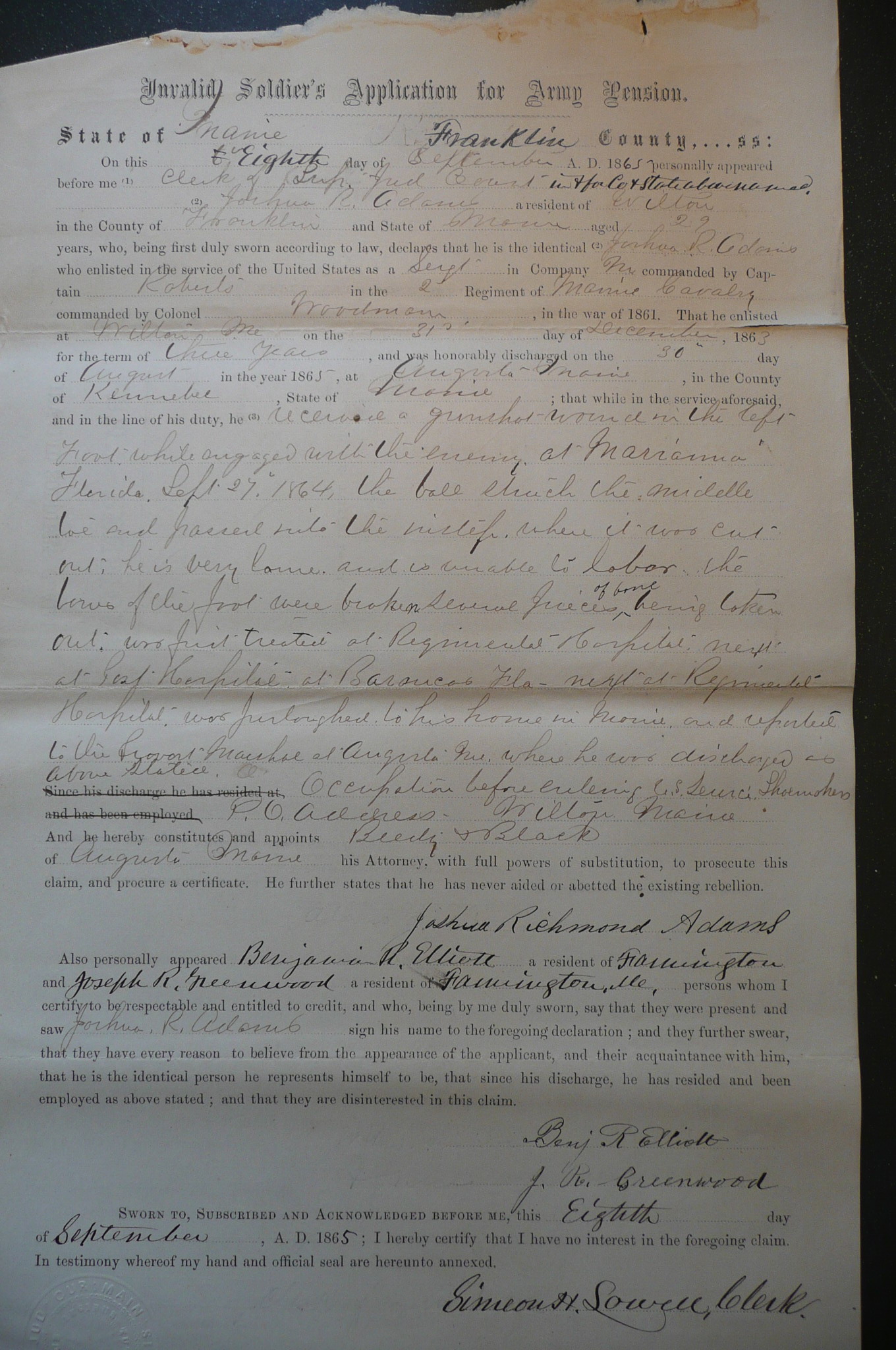 Pension Application, 1865
