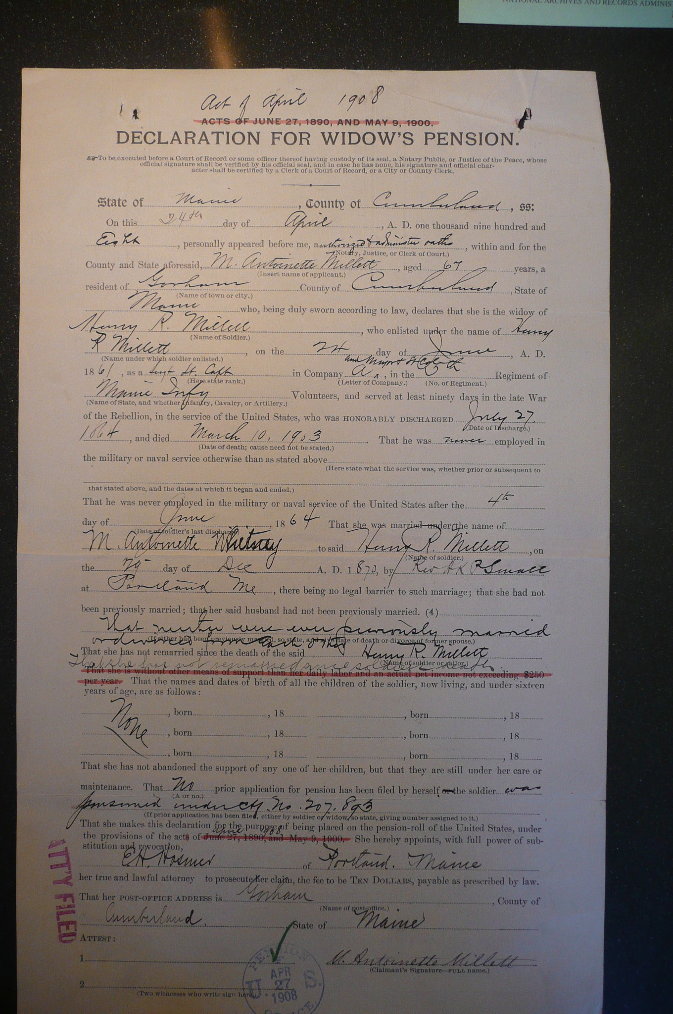 Widow's Declaration, 1908