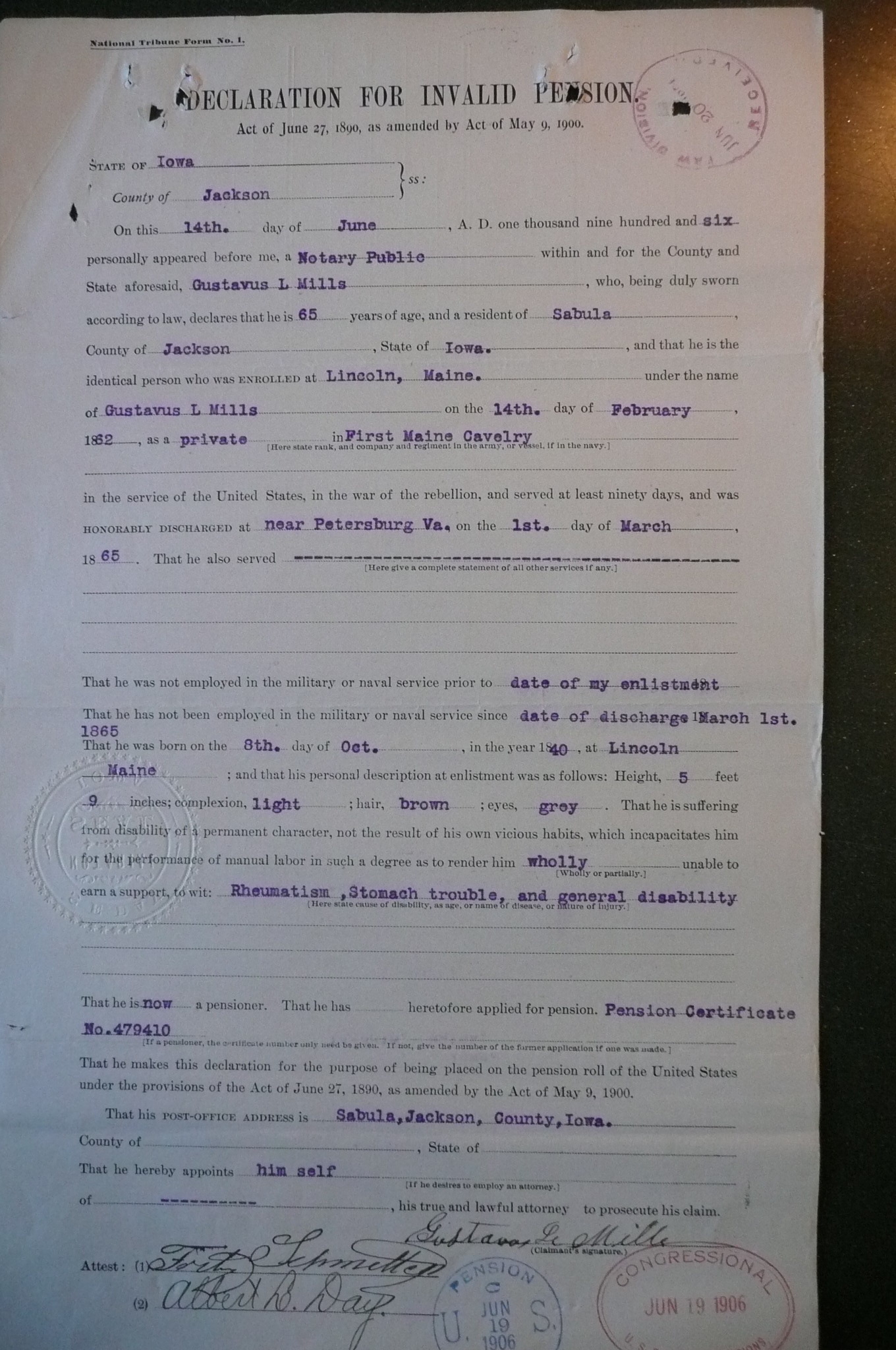 Declaration for Pension, 1906